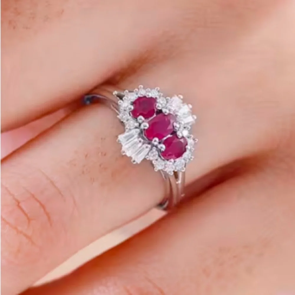 Montepuez Ruby and Moissanite Art Deco Ring in Rhodium Over Sterling Silver